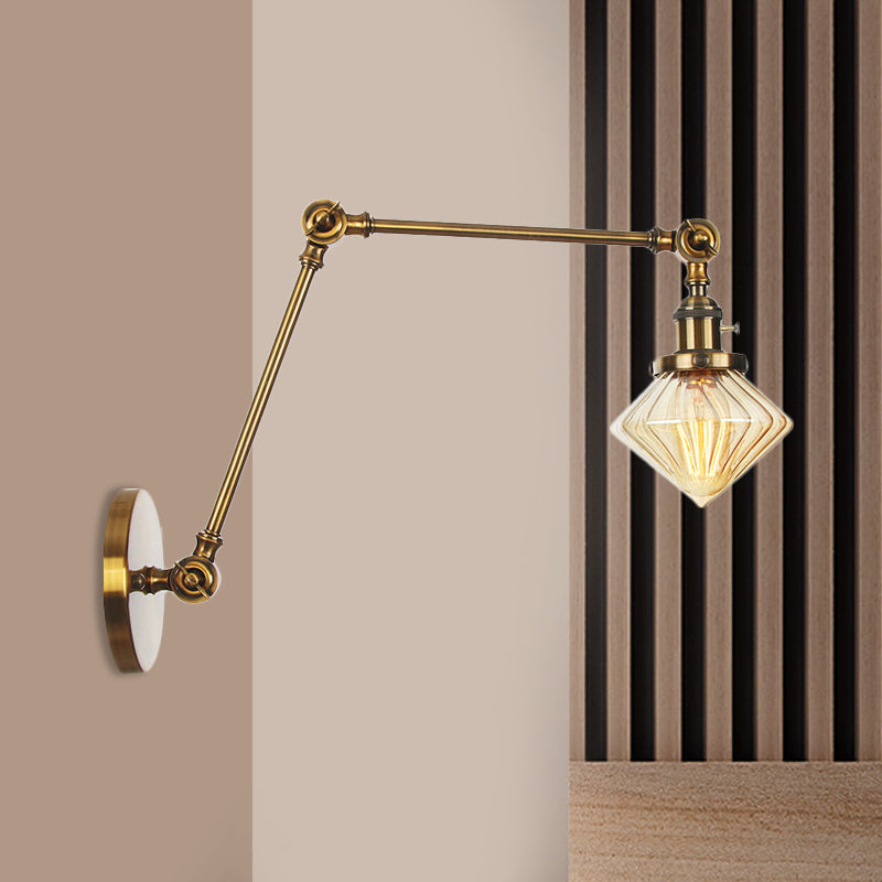 1 Light Dining Room Sconce Light Vintage Black/Bronze/Brass Wall Mounted Lamp with Diamond Clear/Amber Glass Shade, 8"+8"/8"+8"+8" L Adjustable Arm Clearhalo 'Art deco wall lights' 'Cast Iron' 'Glass' 'Industrial wall lights' 'Industrial' 'Middle century wall lights' 'Modern' 'Rustic wall lights' 'Tiffany' 'Traditional wall lights' 'Wall Lamps & Sconces' 'Wall Lights' Lighting' 522338