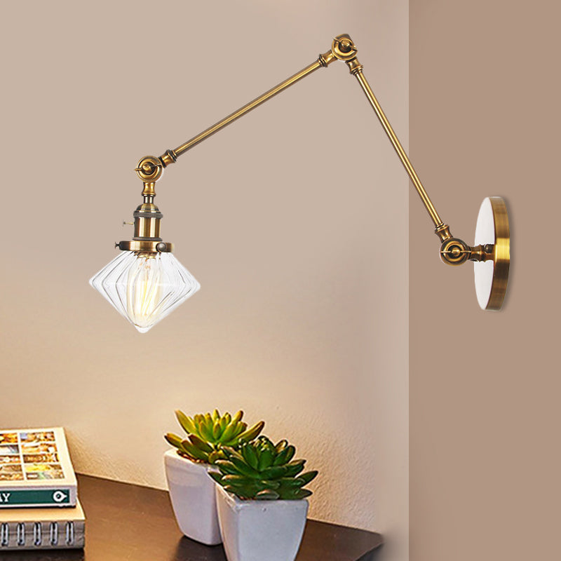 1 Light Dining Room Sconce Light Vintage Black/Bronze/Brass Wall Mounted Lamp with Diamond Clear/Amber Glass Shade, 8"+8"/8"+8"+8" L Adjustable Arm Brass Clear 8"+8" Clearhalo 'Art deco wall lights' 'Cast Iron' 'Glass' 'Industrial wall lights' 'Industrial' 'Middle century wall lights' 'Modern' 'Rustic wall lights' 'Tiffany' 'Traditional wall lights' 'Wall Lamps & Sconces' 'Wall Lights' Lighting' 522339