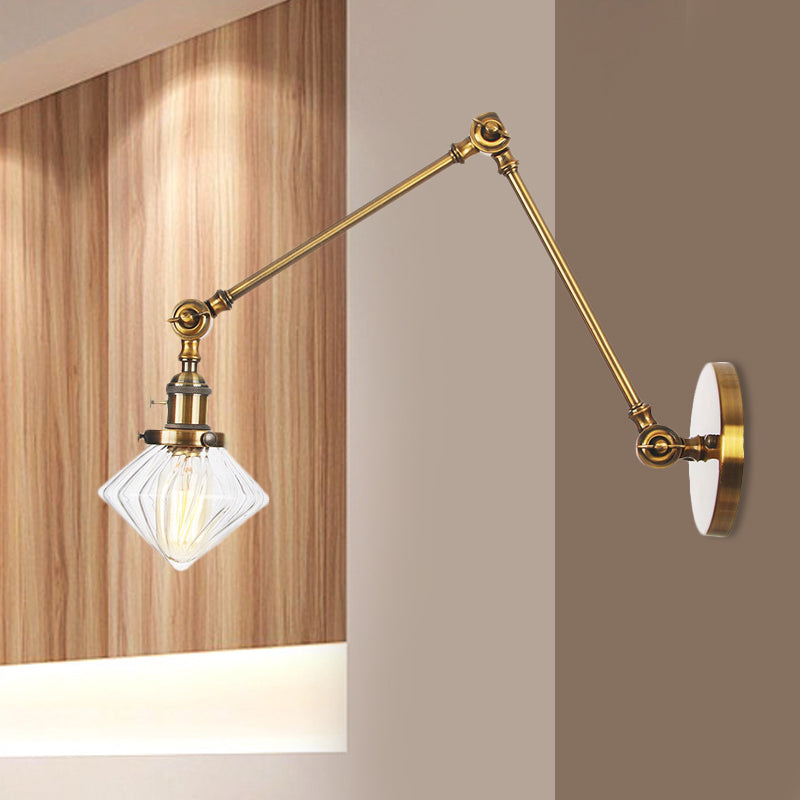 1 Light Dining Room Sconce Light Vintage Black/Bronze/Brass Wall Mounted Lamp with Diamond Clear/Amber Glass Shade, 8"+8"/8"+8"+8" L Adjustable Arm Clearhalo 'Art deco wall lights' 'Cast Iron' 'Glass' 'Industrial wall lights' 'Industrial' 'Middle century wall lights' 'Modern' 'Rustic wall lights' 'Tiffany' 'Traditional wall lights' 'Wall Lamps & Sconces' 'Wall Lights' Lighting' 522340