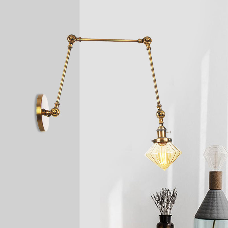 1 Light Dining Room Sconce Light Vintage Black/Bronze/Brass Wall Mounted Lamp with Diamond Clear/Amber Glass Shade, 8"+8"/8"+8"+8" L Adjustable Arm Brass Amber 8"+8"+8" Clearhalo 'Art deco wall lights' 'Cast Iron' 'Glass' 'Industrial wall lights' 'Industrial' 'Middle century wall lights' 'Modern' 'Rustic wall lights' 'Tiffany' 'Traditional wall lights' 'Wall Lamps & Sconces' 'Wall Lights' Lighting' 522341