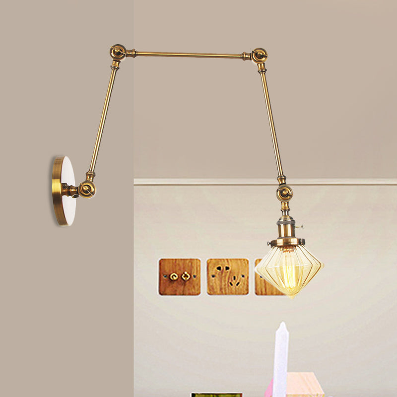 1 Light Dining Room Sconce Light Vintage Black/Bronze/Brass Wall Mounted Lamp with Diamond Clear/Amber Glass Shade, 8"+8"/8"+8"+8" L Adjustable Arm Clearhalo 'Art deco wall lights' 'Cast Iron' 'Glass' 'Industrial wall lights' 'Industrial' 'Middle century wall lights' 'Modern' 'Rustic wall lights' 'Tiffany' 'Traditional wall lights' 'Wall Lamps & Sconces' 'Wall Lights' Lighting' 522342
