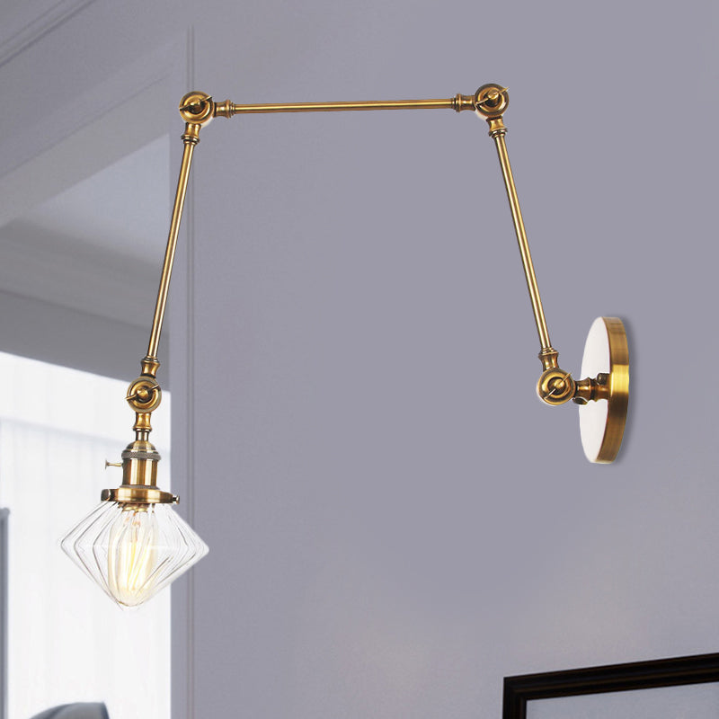 1 Light Dining Room Sconce Light Vintage Black/Bronze/Brass Wall Mounted Lamp with Diamond Clear/Amber Glass Shade, 8"+8"/8"+8"+8" L Adjustable Arm Clearhalo 'Art deco wall lights' 'Cast Iron' 'Glass' 'Industrial wall lights' 'Industrial' 'Middle century wall lights' 'Modern' 'Rustic wall lights' 'Tiffany' 'Traditional wall lights' 'Wall Lamps & Sconces' 'Wall Lights' Lighting' 522344