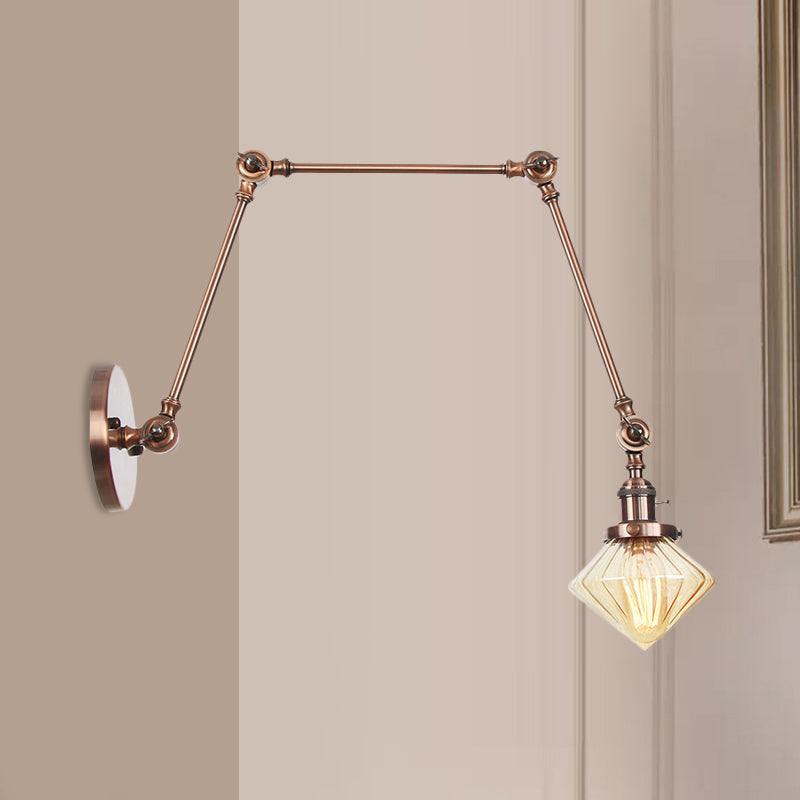 1 Light Dining Room Sconce Light Vintage Black/Bronze/Brass Wall Mounted Lamp with Diamond Clear/Amber Glass Shade, 8"+8"/8"+8"+8" L Adjustable Arm Copper Amber 8"+8"+8" Clearhalo 'Art deco wall lights' 'Cast Iron' 'Glass' 'Industrial wall lights' 'Industrial' 'Middle century wall lights' 'Modern' 'Rustic wall lights' 'Tiffany' 'Traditional wall lights' 'Wall Lamps & Sconces' 'Wall Lights' Lighting' 522349