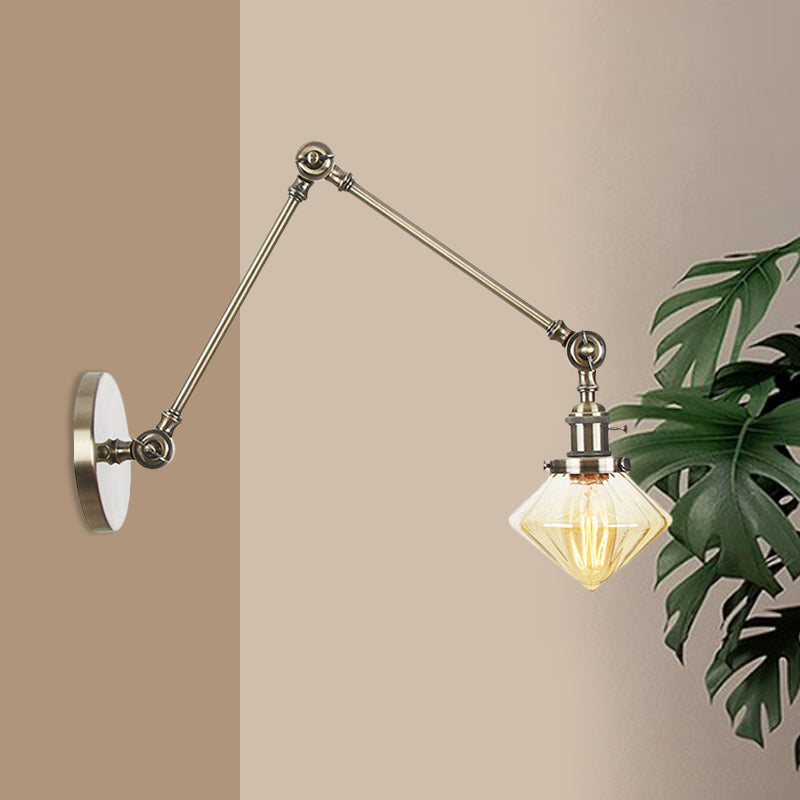 1 Light Dining Room Sconce Light Vintage Black/Bronze/Brass Wall Mounted Lamp with Diamond Clear/Amber Glass Shade, 8"+8"/8"+8"+8" L Adjustable Arm Bronze Amber 8"+8" Clearhalo 'Art deco wall lights' 'Cast Iron' 'Glass' 'Industrial wall lights' 'Industrial' 'Middle century wall lights' 'Modern' 'Rustic wall lights' 'Tiffany' 'Traditional wall lights' 'Wall Lamps & Sconces' 'Wall Lights' Lighting' 522353