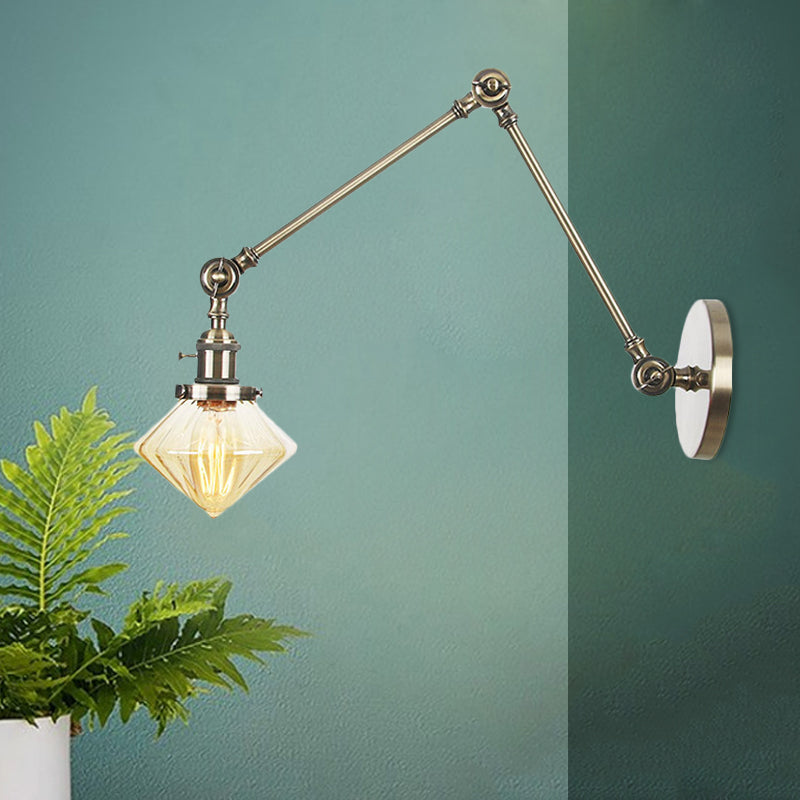 1 Light Dining Room Sconce Light Vintage Black/Bronze/Brass Wall Mounted Lamp with Diamond Clear/Amber Glass Shade, 8"+8"/8"+8"+8" L Adjustable Arm Clearhalo 'Art deco wall lights' 'Cast Iron' 'Glass' 'Industrial wall lights' 'Industrial' 'Middle century wall lights' 'Modern' 'Rustic wall lights' 'Tiffany' 'Traditional wall lights' 'Wall Lamps & Sconces' 'Wall Lights' Lighting' 522354