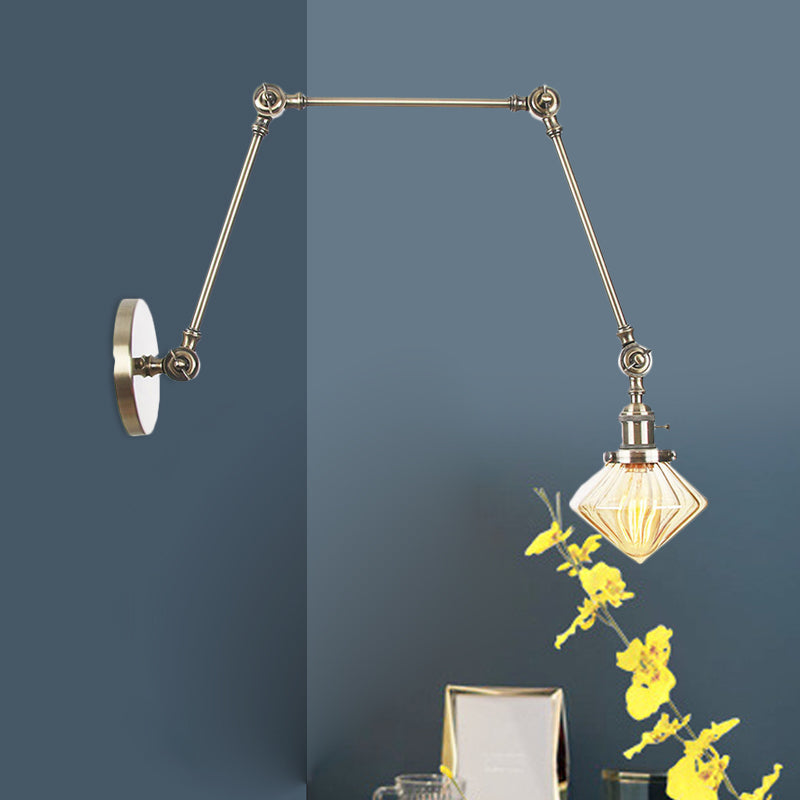 1 Light Dining Room Sconce Light Vintage Black/Bronze/Brass Wall Mounted Lamp with Diamond Clear/Amber Glass Shade, 8"+8"/8"+8"+8" L Adjustable Arm Clearhalo 'Art deco wall lights' 'Cast Iron' 'Glass' 'Industrial wall lights' 'Industrial' 'Middle century wall lights' 'Modern' 'Rustic wall lights' 'Tiffany' 'Traditional wall lights' 'Wall Lamps & Sconces' 'Wall Lights' Lighting' 522358