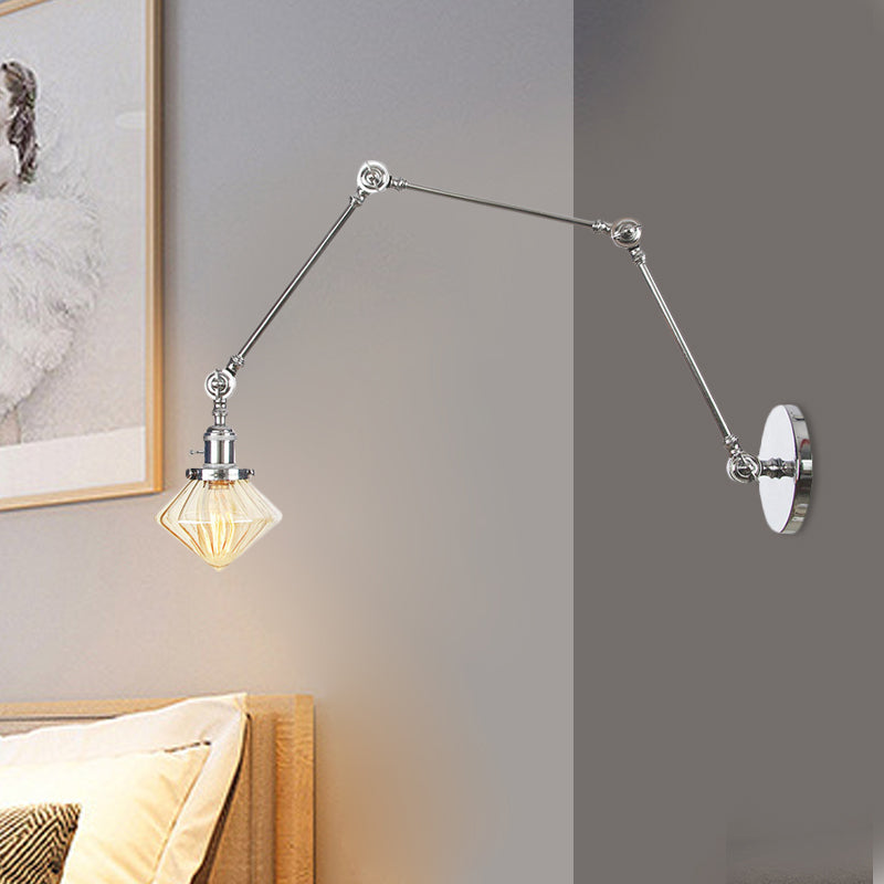 1 Light Dining Room Sconce Light Vintage Black/Bronze/Brass Wall Mounted Lamp with Diamond Clear/Amber Glass Shade, 8"+8"/8"+8"+8" L Adjustable Arm Chrome Amber 8"+8"+8" Clearhalo 'Art deco wall lights' 'Cast Iron' 'Glass' 'Industrial wall lights' 'Industrial' 'Middle century wall lights' 'Modern' 'Rustic wall lights' 'Tiffany' 'Traditional wall lights' 'Wall Lamps & Sconces' 'Wall Lights' Lighting' 522365