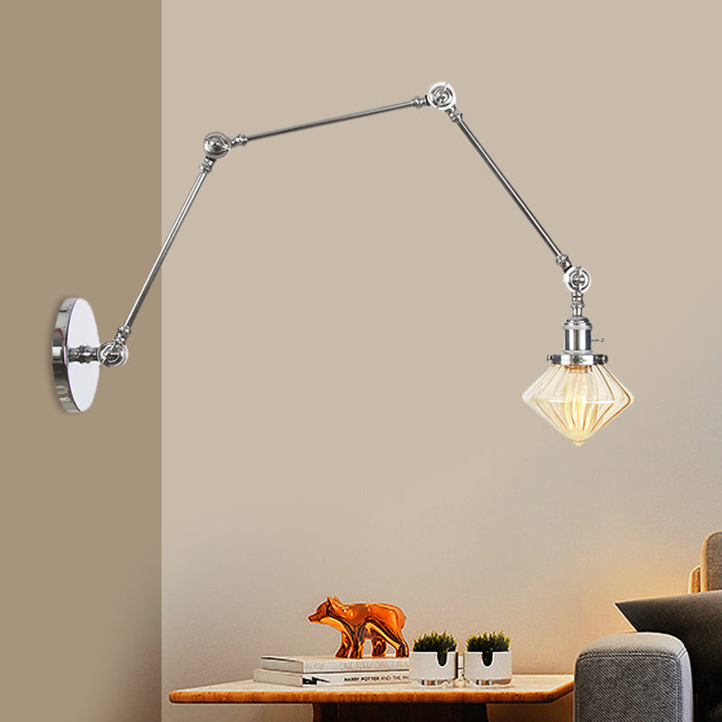 1 Light Dining Room Sconce Light Vintage Black/Bronze/Brass Wall Mounted Lamp with Diamond Clear/Amber Glass Shade, 8"+8"/8"+8"+8" L Adjustable Arm Clearhalo 'Art deco wall lights' 'Cast Iron' 'Glass' 'Industrial wall lights' 'Industrial' 'Middle century wall lights' 'Modern' 'Rustic wall lights' 'Tiffany' 'Traditional wall lights' 'Wall Lamps & Sconces' 'Wall Lights' Lighting' 522366