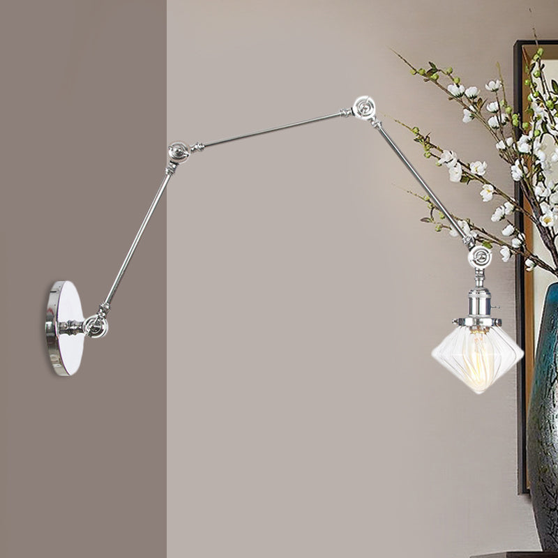 1 Light Dining Room Sconce Light Vintage Black/Bronze/Brass Wall Mounted Lamp with Diamond Clear/Amber Glass Shade, 8"+8"/8"+8"+8" L Adjustable Arm Chrome Clear 8"+8"+8" Clearhalo 'Art deco wall lights' 'Cast Iron' 'Glass' 'Industrial wall lights' 'Industrial' 'Middle century wall lights' 'Modern' 'Rustic wall lights' 'Tiffany' 'Traditional wall lights' 'Wall Lamps & Sconces' 'Wall Lights' Lighting' 522367