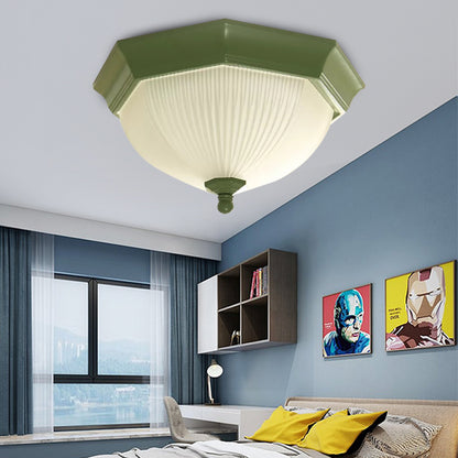 Octagonal Bowl Flush Ceiling Light Contemporary Ridge Glass Ceiling Lamp for Child Bedroom Green Clearhalo 'Ceiling Lights' 'Close To Ceiling Lights' 'Close to ceiling' 'Flush mount' Lighting' 52374