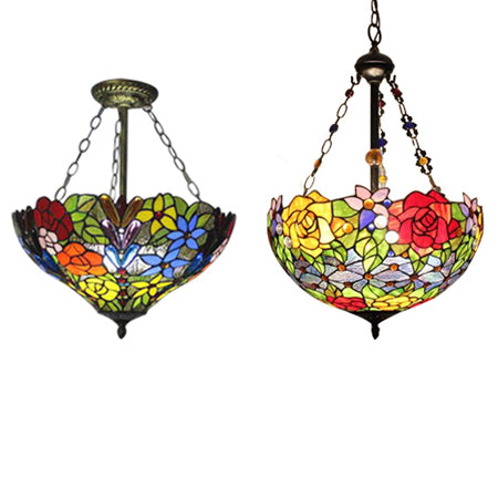 Multi-Colored Pendant Light with Flower/Rose Pattern Tiffany Style Rustic Glass Ceiling Pendant for Dining Room Clearhalo 'Ceiling Lights' 'Chandeliers' 'Industrial' 'Middle Century Chandeliers' 'Pendant Lights' 'Tiffany Chandeliers' 'Tiffany close to ceiling' 'Tiffany' Lighting' 52669
