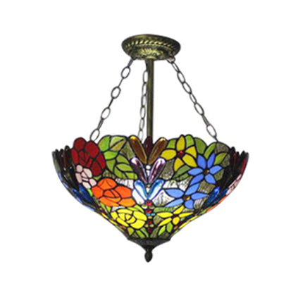 Multi-Colored Pendant Light with Flower/Rose Pattern Tiffany Style Rustic Glass Ceiling Pendant for Dining Room Antique Bronze Flower Clearhalo 'Ceiling Lights' 'Chandeliers' 'Industrial' 'Middle Century Chandeliers' 'Pendant Lights' 'Tiffany Chandeliers' 'Tiffany close to ceiling' 'Tiffany' Lighting' 52670