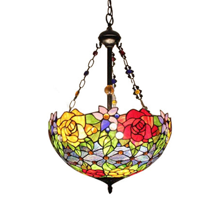 Multi-Colored Pendant Light with Flower/Rose Pattern Tiffany Style Rustic Glass Ceiling Pendant for Dining Room Antique Bronze Rose Clearhalo 'Ceiling Lights' 'Chandeliers' 'Industrial' 'Middle Century Chandeliers' 'Pendant Lights' 'Tiffany Chandeliers' 'Tiffany close to ceiling' 'Tiffany' Lighting' 52674