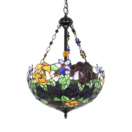 Multi-Colored Pendant Light with Flower/Rose Pattern Tiffany Style Rustic Glass Ceiling Pendant for Dining Room Clearhalo 'Ceiling Lights' 'Chandeliers' 'Industrial' 'Middle Century Chandeliers' 'Pendant Lights' 'Tiffany Chandeliers' 'Tiffany close to ceiling' 'Tiffany' Lighting' 52675
