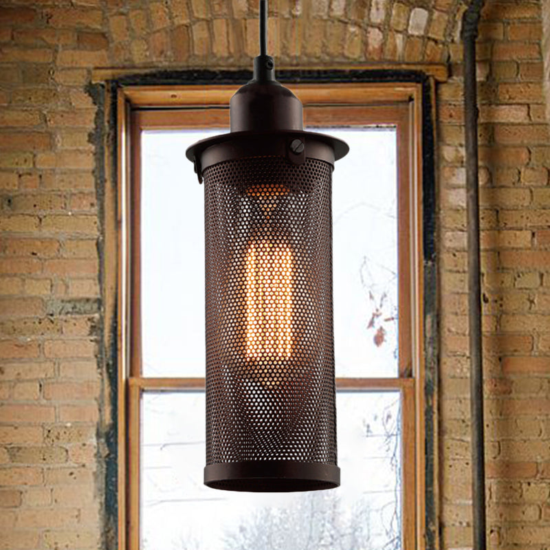 Metal Black/Rust Hanging Pendant Lamp Cylindrical 1 Head Industrial Ceiling Lighting with Mesh Cage Shade Rust Clearhalo 'Art Deco Pendants' 'Black' 'Cast Iron' 'Ceiling Lights' 'Ceramic' 'Crystal' 'Industrial Pendants' 'Industrial' 'Metal' 'Middle Century Pendants' 'Pendant Lights' 'Pendants' 'Rustic Pendants' 'Tiffany' Lighting' 5269