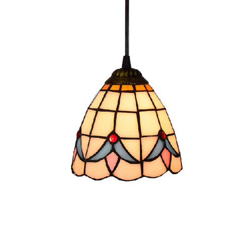 6"/8" Wide Flared Ceiling Lamp Tiffany-Style Beige Stained Art Glass 1 Head Pendant Light Kit Clearhalo 'Ceiling Lights' 'Chandeliers' 'Industrial' 'Middle Century Pendants' 'Pendant Lights' 'Pendants' 'Tiffany close to ceiling' 'Tiffany Pendants' 'Tiffany' Lighting' 52709
