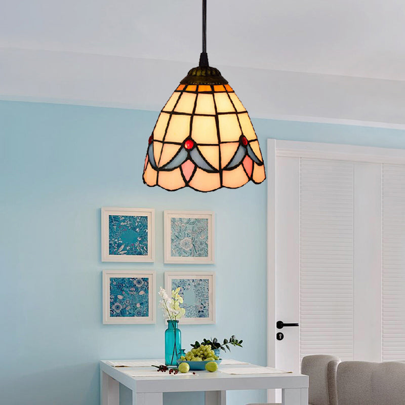 6"/8" Wide Flared Ceiling Lamp Tiffany-Style Beige Stained Art Glass 1 Head Pendant Light Kit Beige 6" Clearhalo 'Ceiling Lights' 'Chandeliers' 'Industrial' 'Middle Century Pendants' 'Pendant Lights' 'Pendants' 'Tiffany close to ceiling' 'Tiffany Pendants' 'Tiffany' Lighting' 52711