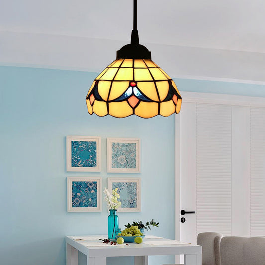 6"/8" Wide Flared Ceiling Lamp Tiffany-Style Beige Stained Art Glass 1 Head Pendant Light Kit Beige 8" Clearhalo 'Ceiling Lights' 'Chandeliers' 'Industrial' 'Middle Century Pendants' 'Pendant Lights' 'Pendants' 'Tiffany close to ceiling' 'Tiffany Pendants' 'Tiffany' Lighting' 52714