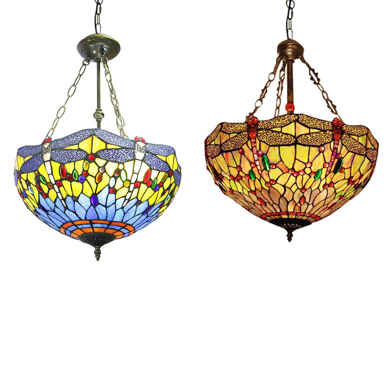 Stained Glass Grid Dome Ceiling Light Living Room Tiffany Rustic Inverted Chandelier in Yellow/Blue Clearhalo 'Ceiling Lights' 'Chandeliers' 'Close To Ceiling Lights' 'Industrial' 'Middle Century Chandeliers' 'Tiffany Chandeliers' 'Tiffany close to ceiling' 'Tiffany' Lighting' 52746