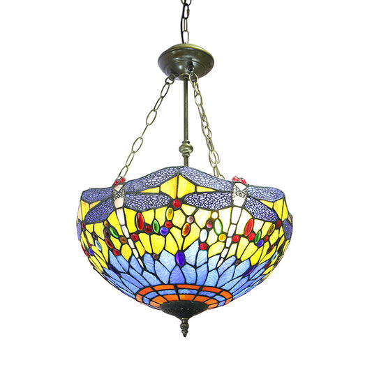 Stained Glass Grid Dome Ceiling Light Living Room Tiffany Rustic Inverted Chandelier in Yellow/Blue Blue Clearhalo 'Ceiling Lights' 'Chandeliers' 'Close To Ceiling Lights' 'Industrial' 'Middle Century Chandeliers' 'Tiffany Chandeliers' 'Tiffany close to ceiling' 'Tiffany' Lighting' 52747