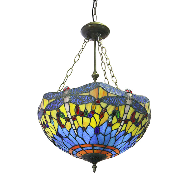 Stained Glass Grid Dome Ceiling Light Living Room Tiffany Rustic Inverted Chandelier in Yellow/Blue Clearhalo 'Ceiling Lights' 'Chandeliers' 'Close To Ceiling Lights' 'Industrial' 'Middle Century Chandeliers' 'Tiffany Chandeliers' 'Tiffany close to ceiling' 'Tiffany' Lighting' 52748
