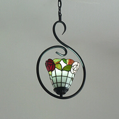 1 Light Bell/Dome Pendant Light Fixture Tiffany Style Yellow and Blue/White Stainless Glass Hanging Ceiling Light for Balcony White Clearhalo 'Ceiling Lights' 'Close To Ceiling Lights' 'Industrial' 'Middle Century Pendants' 'Pendant Lights' 'Pendants' 'Tiffany close to ceiling' 'Tiffany Pendants' 'Tiffany' Lighting' 52970
