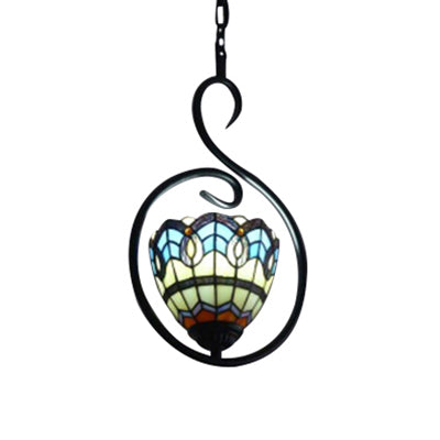 1 Light Bell/Dome Pendant Light Fixture Tiffany Style Yellow and Blue/White Stainless Glass Hanging Ceiling Light for Balcony Clearhalo 'Ceiling Lights' 'Close To Ceiling Lights' 'Industrial' 'Middle Century Pendants' 'Pendant Lights' 'Pendants' 'Tiffany close to ceiling' 'Tiffany Pendants' 'Tiffany' Lighting' 52971