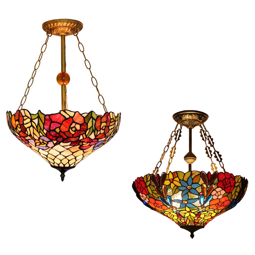 Rustic Tiffany Floral Ceiling Fixture Stained Glass Inverted Semi Flush Mount Light in Brass/Bronze/Antique Brass for Cafe Clearhalo 'Ceiling Lights' 'Close To Ceiling Lights' 'Close to ceiling' 'Glass shade' 'Glass' 'Semi-flushmount' 'Tiffany close to ceiling' 'Tiffany' Lighting' 53087
