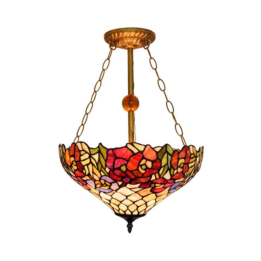 Rustic Tiffany Floral Ceiling Fixture Stained Glass Inverted Semi Flush Mount Light in Brass/Bronze/Antique Brass for Cafe Brass Clearhalo 'Ceiling Lights' 'Close To Ceiling Lights' 'Close to ceiling' 'Glass shade' 'Glass' 'Semi-flushmount' 'Tiffany close to ceiling' 'Tiffany' Lighting' 53088