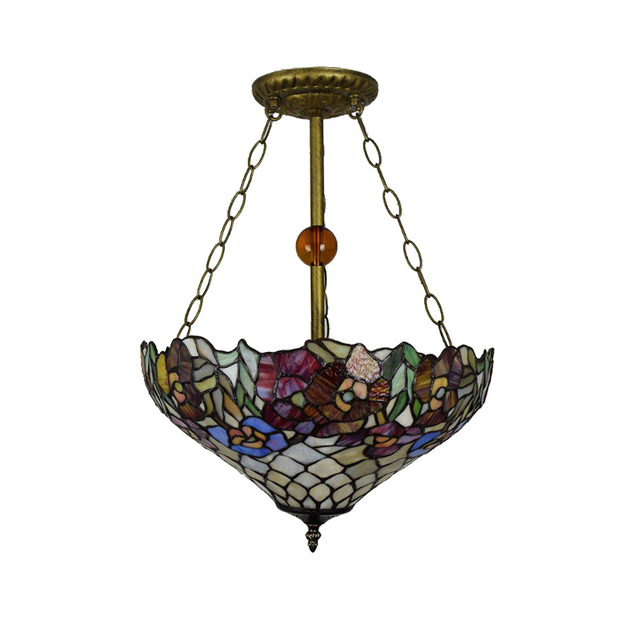 Rustic Tiffany Floral Ceiling Fixture Stained Glass Inverted Semi Flush Mount Light in Brass/Bronze/Antique Brass for Cafe Clearhalo 'Ceiling Lights' 'Close To Ceiling Lights' 'Close to ceiling' 'Glass shade' 'Glass' 'Semi-flushmount' 'Tiffany close to ceiling' 'Tiffany' Lighting' 53089