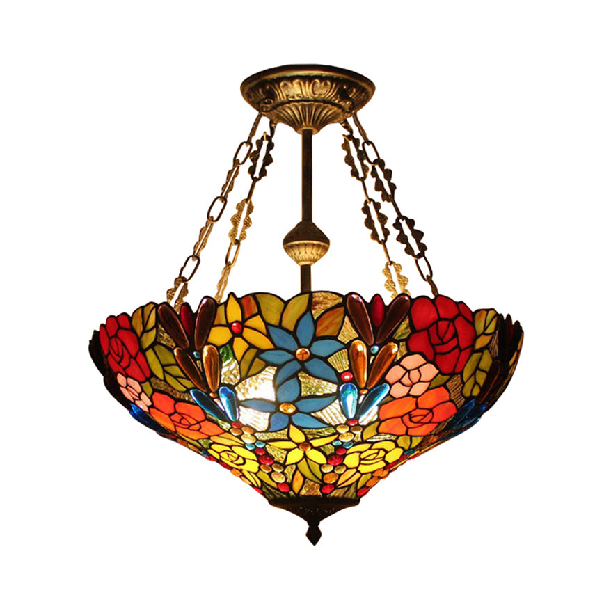 Rustic Tiffany Floral Ceiling Fixture Stained Glass Inverted Semi Flush Mount Light in Brass/Bronze/Antique Brass for Cafe Bronze Clearhalo 'Ceiling Lights' 'Close To Ceiling Lights' 'Close to ceiling' 'Glass shade' 'Glass' 'Semi-flushmount' 'Tiffany close to ceiling' 'Tiffany' Lighting' 53090