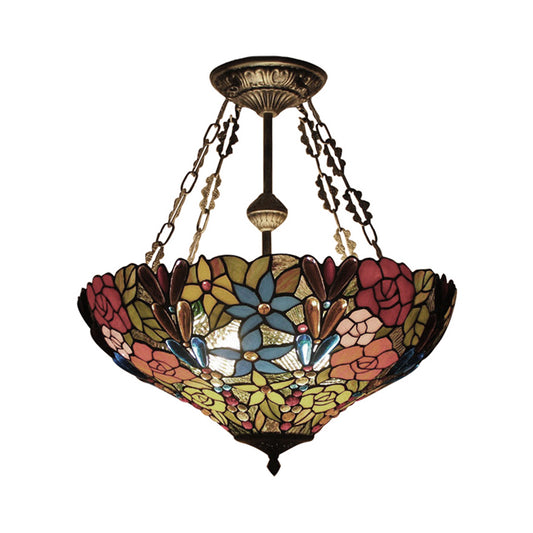Rustic Tiffany Floral Ceiling Fixture Stained Glass Inverted Semi Flush Mount Light in Brass/Bronze/Antique Brass for Cafe Clearhalo 'Ceiling Lights' 'Close To Ceiling Lights' 'Close to ceiling' 'Glass shade' 'Glass' 'Semi-flushmount' 'Tiffany close to ceiling' 'Tiffany' Lighting' 53091