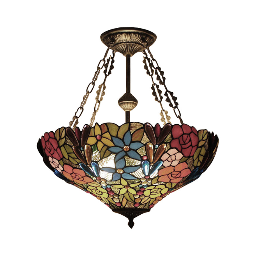 Rustic Tiffany Floral Ceiling Fixture Stained Glass Inverted Semi Flush Mount Light in Brass/Bronze/Antique Brass for Cafe Clearhalo 'Ceiling Lights' 'Close To Ceiling Lights' 'Close to ceiling' 'Glass shade' 'Glass' 'Semi-flushmount' 'Tiffany close to ceiling' 'Tiffany' Lighting' 53093