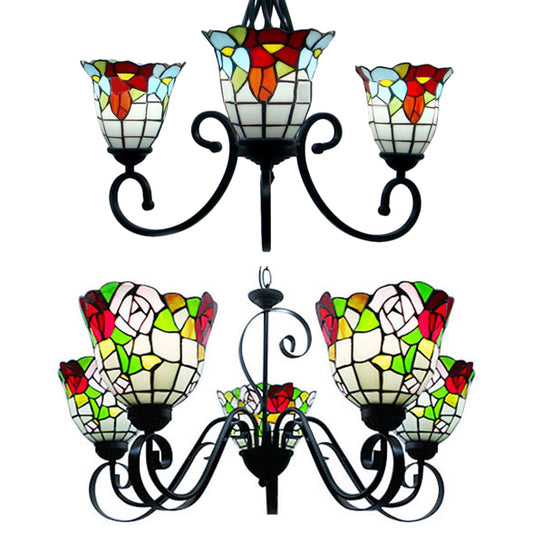 Stained Glass Bell Ceiling Pendant 3/5 Lights Tiffany Retro Loft Chandelier with Flower in Black for Hotel Clearhalo 'Ceiling Lights' 'Chandeliers' 'Industrial' 'Middle Century Chandeliers' 'Tiffany Chandeliers' 'Tiffany close to ceiling' 'Tiffany' Lighting' 53285