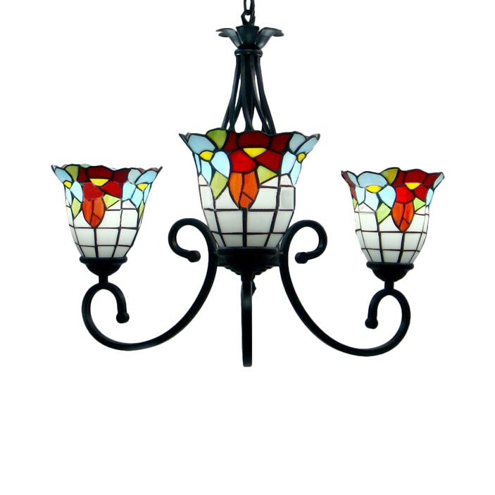Stained Glass Bell Ceiling Pendant 3/5 Lights Tiffany Retro Loft Chandelier with Flower in Black for Hotel 3 Black Clearhalo 'Ceiling Lights' 'Chandeliers' 'Industrial' 'Middle Century Chandeliers' 'Tiffany Chandeliers' 'Tiffany close to ceiling' 'Tiffany' Lighting' 53286