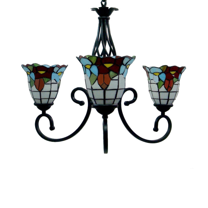Stained Glass Bell Ceiling Pendant 3/5 Lights Tiffany Retro Loft Chandelier with Flower in Black for Hotel Clearhalo 'Ceiling Lights' 'Chandeliers' 'Industrial' 'Middle Century Chandeliers' 'Tiffany Chandeliers' 'Tiffany close to ceiling' 'Tiffany' Lighting' 53287