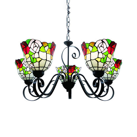 Stained Glass Bell Ceiling Pendant 3/5 Lights Tiffany Retro Loft Chandelier with Flower in Black for Hotel 5 Black Clearhalo 'Ceiling Lights' 'Chandeliers' 'Industrial' 'Middle Century Chandeliers' 'Tiffany Chandeliers' 'Tiffany close to ceiling' 'Tiffany' Lighting' 53288