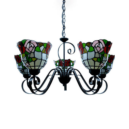 Stained Glass Bell Ceiling Pendant 3/5 Lights Tiffany Retro Loft Chandelier with Flower in Black for Hotel Clearhalo 'Ceiling Lights' 'Chandeliers' 'Industrial' 'Middle Century Chandeliers' 'Tiffany Chandeliers' 'Tiffany close to ceiling' 'Tiffany' Lighting' 53289