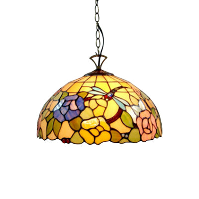 Tiffany Multi-Colored Pendant Light with Flower and Dragonfly 12"/16" W Domed Shade Glass Hanging Light for Kitchen Clearhalo 'Ceiling Lights' 'Industrial' 'Middle Century Pendants' 'Pendant Lights' 'Pendants' 'Tiffany close to ceiling' 'Tiffany Pendants' 'Tiffany' Lighting' 53647