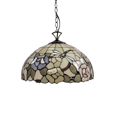 Tiffany Multi-Colored Pendant Light with Flower and Dragonfly 12"/16" W Domed Shade Glass Hanging Light for Kitchen Clearhalo 'Ceiling Lights' 'Industrial' 'Middle Century Pendants' 'Pendant Lights' 'Pendants' 'Tiffany close to ceiling' 'Tiffany Pendants' 'Tiffany' Lighting' 53648