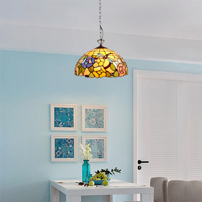 Tiffany Multi-Colored Pendant Light with Flower and Dragonfly 12"/16" W Domed Shade Glass Hanging Light for Kitchen Beige Clearhalo 'Ceiling Lights' 'Industrial' 'Middle Century Pendants' 'Pendant Lights' 'Pendants' 'Tiffany close to ceiling' 'Tiffany Pendants' 'Tiffany' Lighting' 53649
