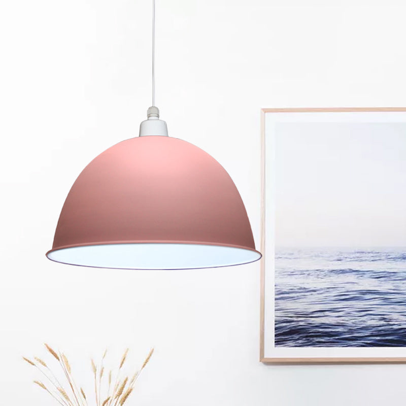 1 Bulb Dining Room Hanging Light Nordic Style Grey/Pink Suspended Pendant Lamp with Dome Metal Shade Pink Clearhalo 'Ceiling Lights' 'Modern Pendants' 'Modern' 'Pendant Lights' 'Pendants' Lighting' 536658