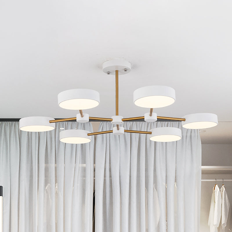 Drum Pendant Chandelier Modern Metallic 6 Lights Black/White Finish Branch Hanging Ceiling Lamp White Clearhalo 'Ceiling Lights' 'Chandeliers' 'Modern Chandeliers' 'Modern' Lighting' 536750