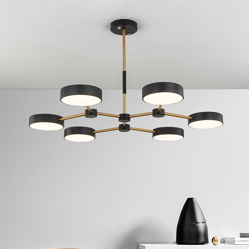 Drum Pendant Chandelier Modern Metallic 6 Lights Black/White Finish Branch Hanging Ceiling Lamp Black Clearhalo 'Ceiling Lights' 'Chandeliers' 'Modern Chandeliers' 'Modern' Lighting' 536755