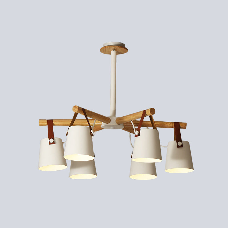 Barrel Living Room Chandelier Metal 6 Lights White Radial Hanging Pendant Lamp with Leather Strap Clearhalo 'Ceiling Lights' 'Chandeliers' 'Modern Chandeliers' 'Modern' Lighting' 536787