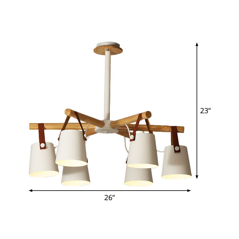 Barrel Living Room Chandelier Metal 6 Lights White Radial Hanging Pendant Lamp with Leather Strap Clearhalo 'Ceiling Lights' 'Chandeliers' 'Modern Chandeliers' 'Modern' Lighting' 536788