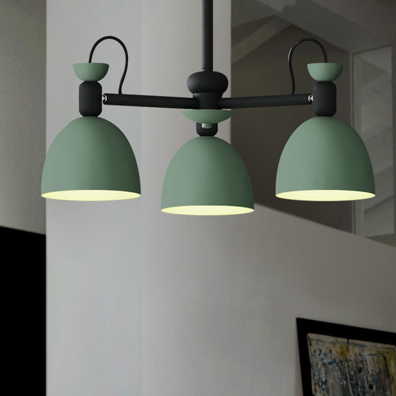 Metal Dome Pendant Lighting Nordic 3-Bulb Chandelier Lamp Fixture in Blue/Green with Adjustable Node Green Clearhalo 'Ceiling Lights' 'Chandeliers' 'Modern Chandeliers' 'Modern' Lighting' 536803