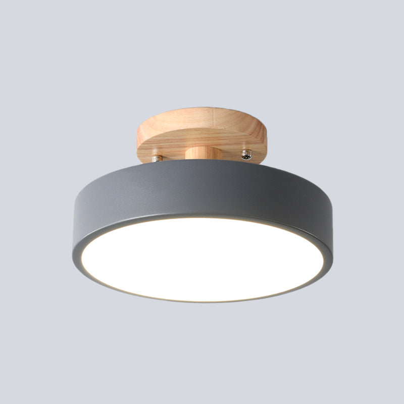 Iron Drum Flushmount Nordic White/Green/Grey Finish LED Semi Close to Ceiling Light with Wood Canopy for Corridor Grey Clearhalo 'Ceiling Lights' 'Close To Ceiling Lights' 'Close to ceiling' 'Semi-flushmount' Lighting' 536911