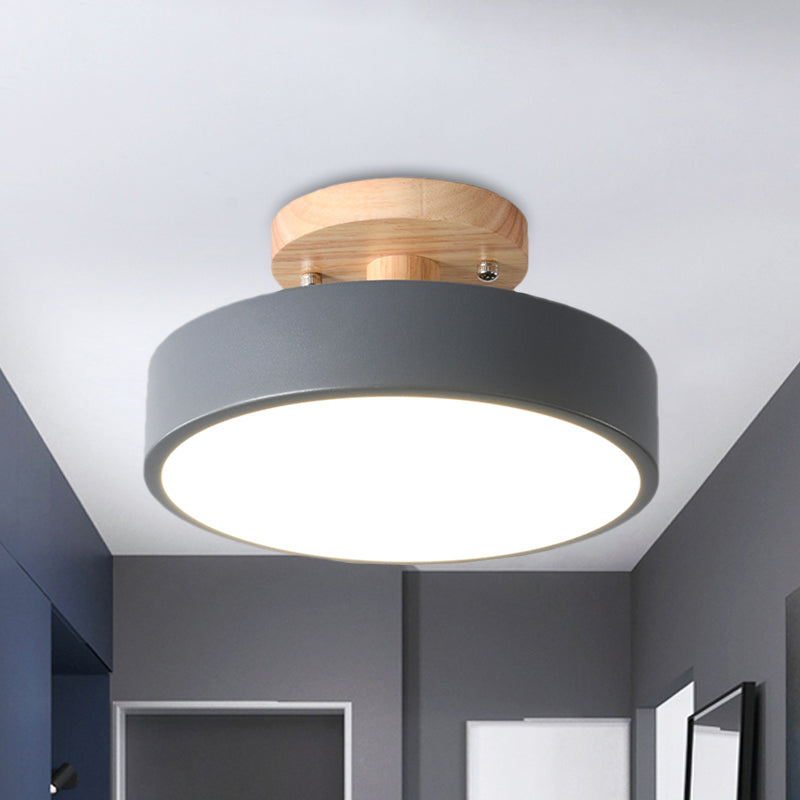 Iron Drum Flushmount Nordic White/Green/Grey Finish LED Semi Close to Ceiling Light with Wood Canopy for Corridor Clearhalo 'Ceiling Lights' 'Close To Ceiling Lights' 'Close to ceiling' 'Semi-flushmount' Lighting' 536912