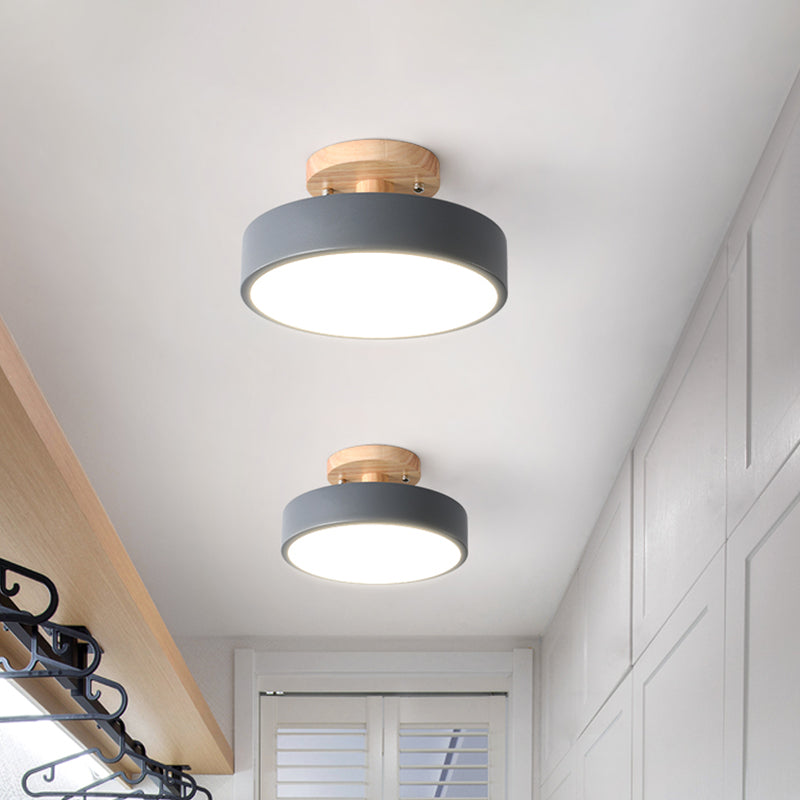 Iron Drum Flushmount Nordic White/Green/Grey Finish LED Semi Close to Ceiling Light with Wood Canopy for Corridor Clearhalo 'Ceiling Lights' 'Close To Ceiling Lights' 'Close to ceiling' 'Semi-flushmount' Lighting' 536913